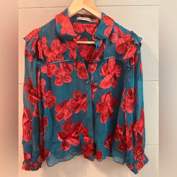 Alice + Olivia Ziggy Ruffled Floral Burnout Blouse - Picture 4 of 7